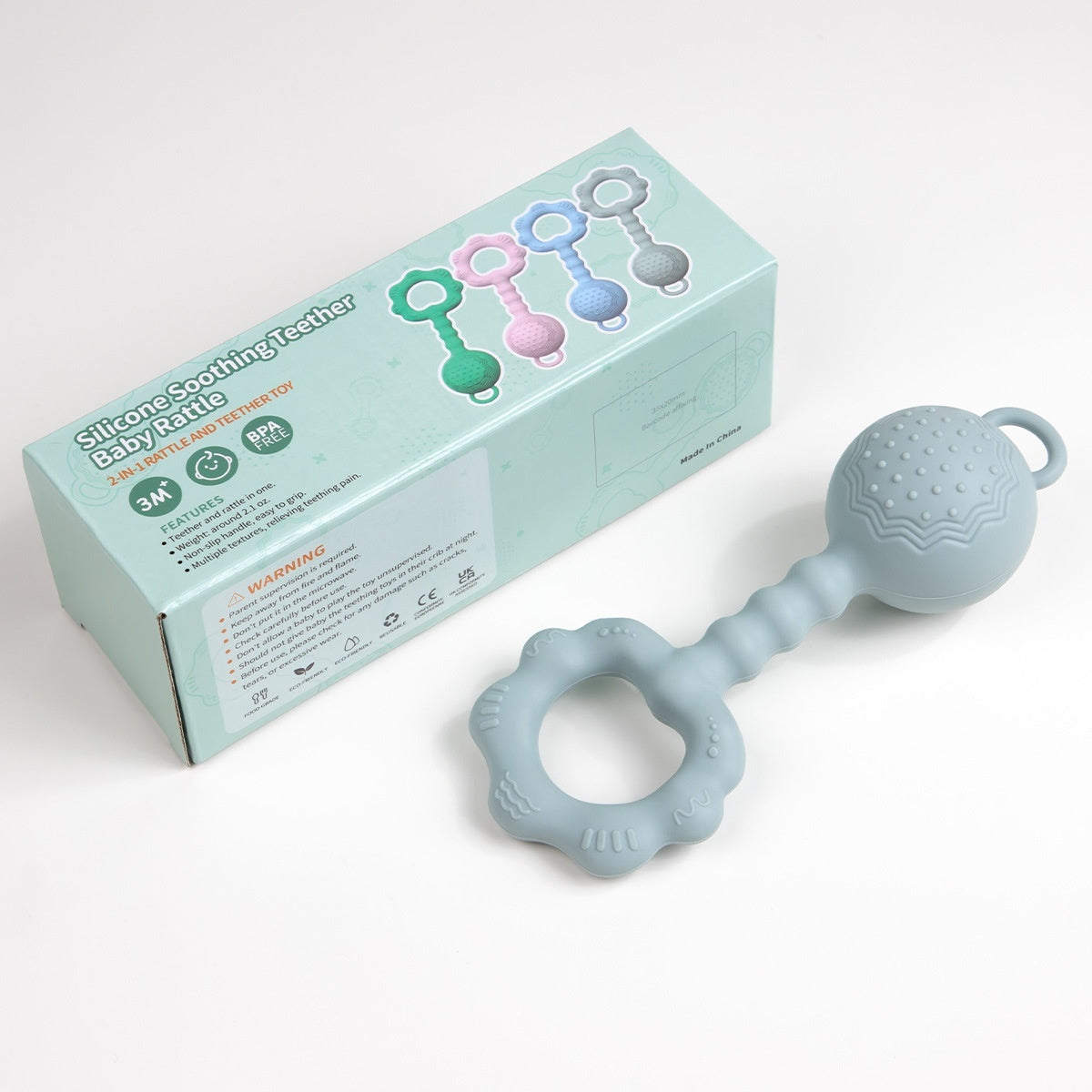 Sonajero mordedor de silicona suave para bebés para un tiempo de juego tranquilo