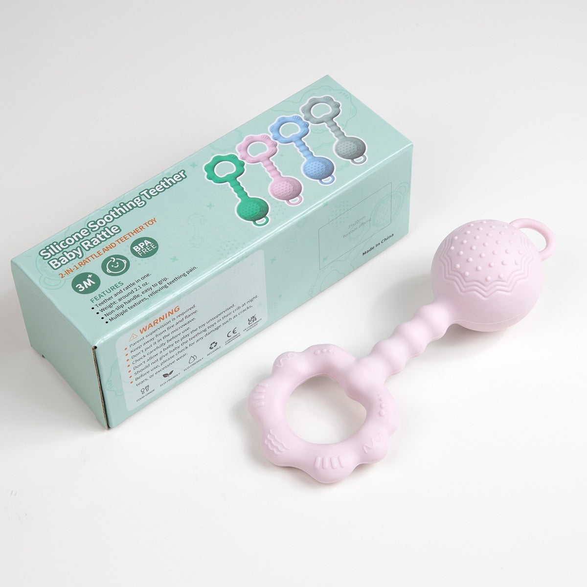 Sonajero mordedor de silicona suave para bebés para un tiempo de juego tranquilo