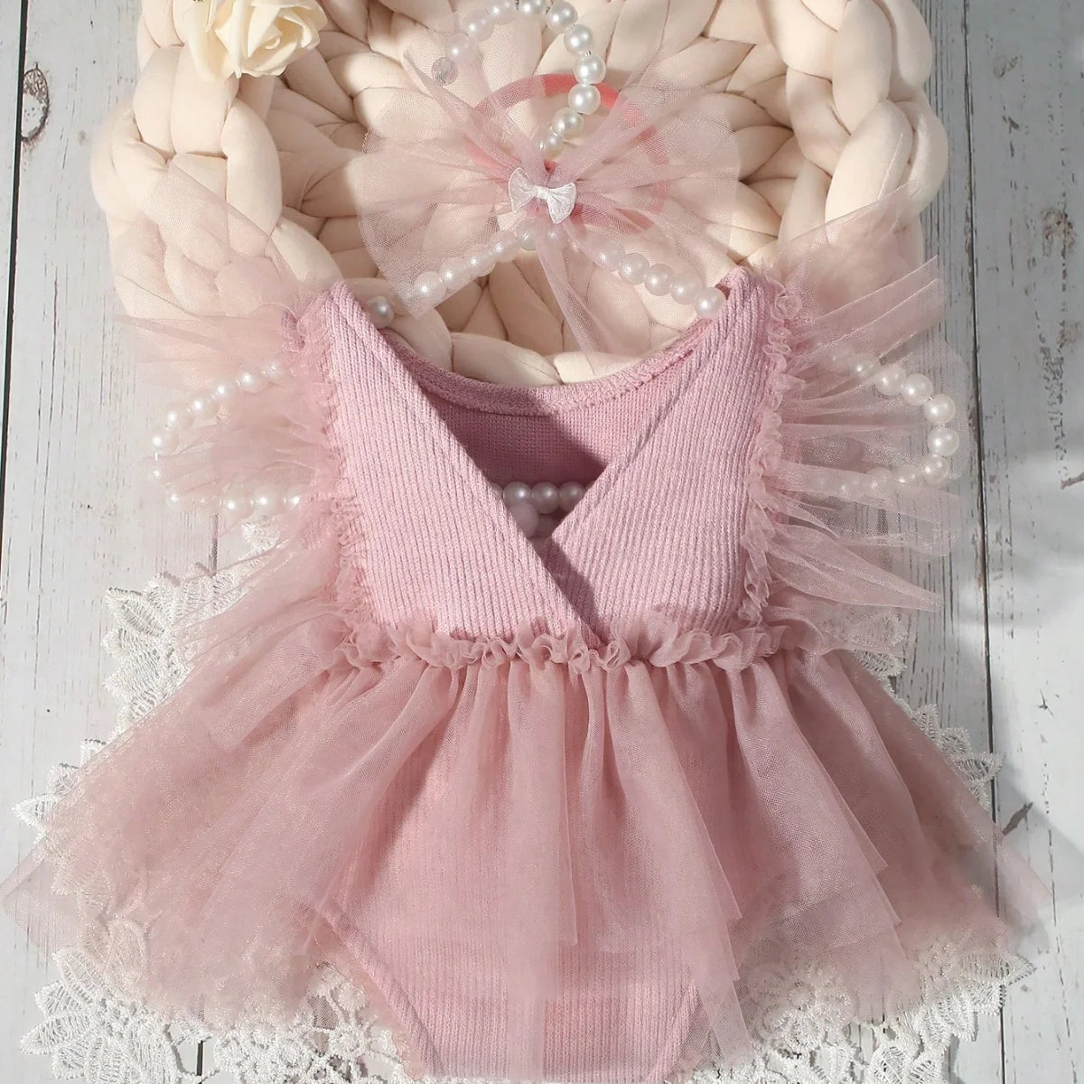 Newborn Outfit for Pictures Knitted Infant Photography Romper with Matching Headbands Mesh Dress Portrait Props