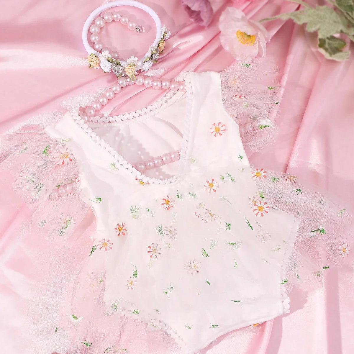 Newborn Daisy Embroidered Romper Baby's Short Sleeve Embroidered Mesh Clothes Full Moon Hundred Days Photo Shooting