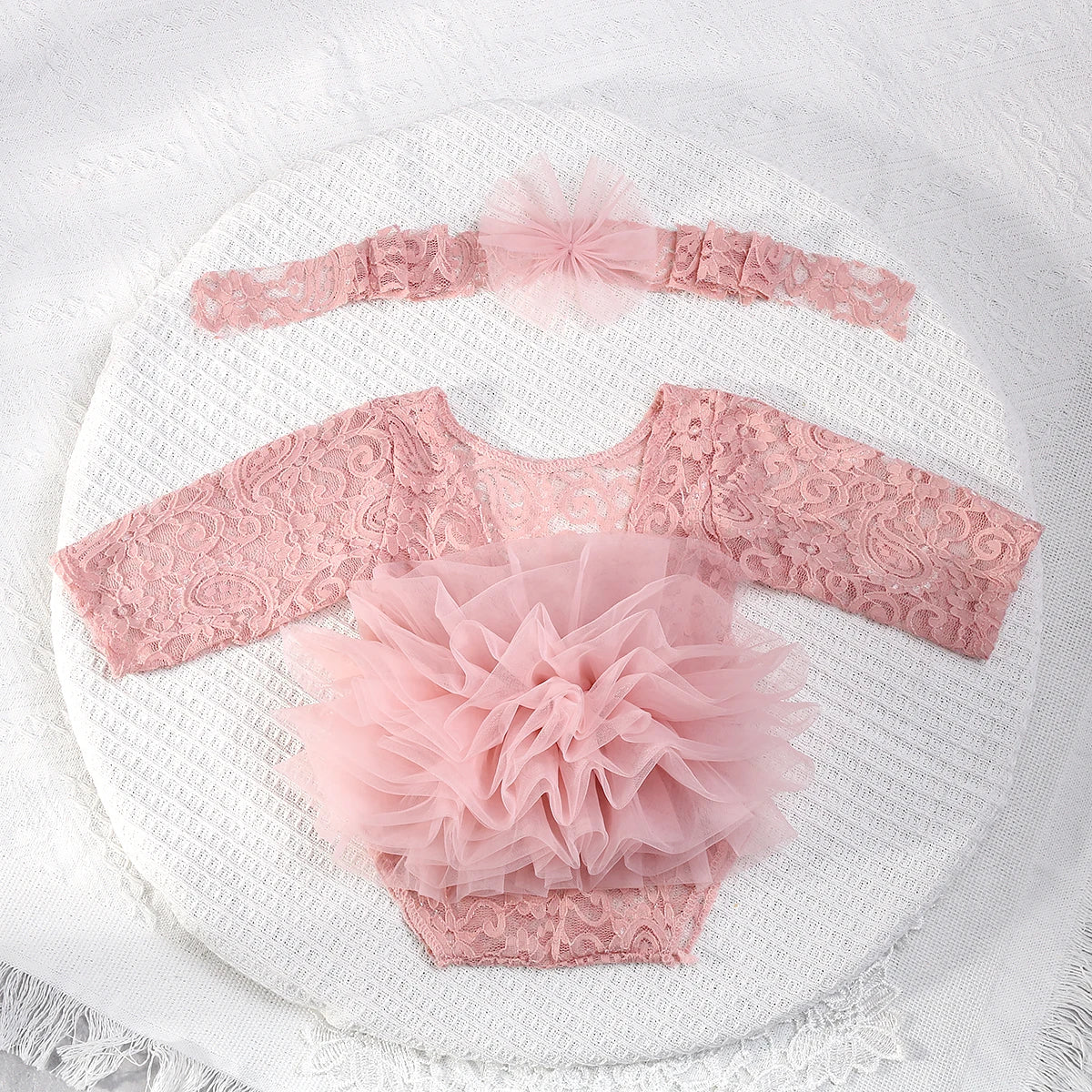 2 Pieces Set Dusty Pink Newborn Lace Romper for Photo Shooting Fluffy Mesh Lace Photography Outfits with Headband