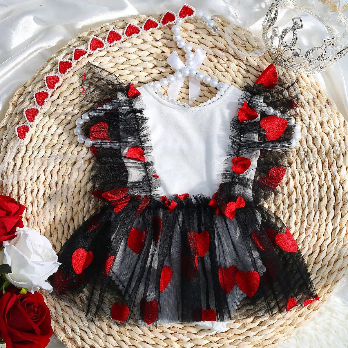 Girl Photography Outfits Red Heart Embroidery Romper Dress with Headband Infant Photography Props