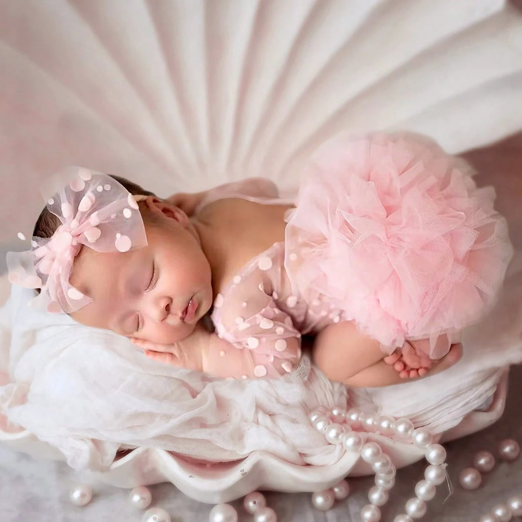 Pink Polka Dot Newborn Photography Romper with Bow Headband Baby Girl Photoshoot Outfits 1 Month Infant Picture Props