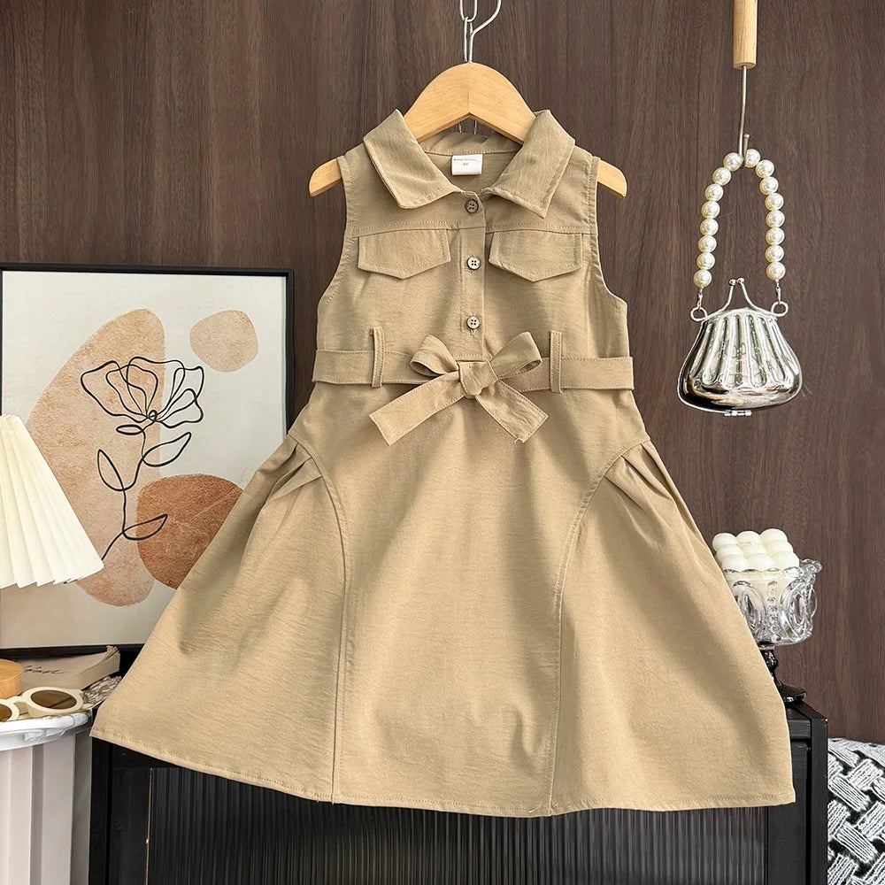 Fashion Girls Windbreak Dresses Summer Sleeveless Work Outfits with Waistband Solid Color Kids Clothes
