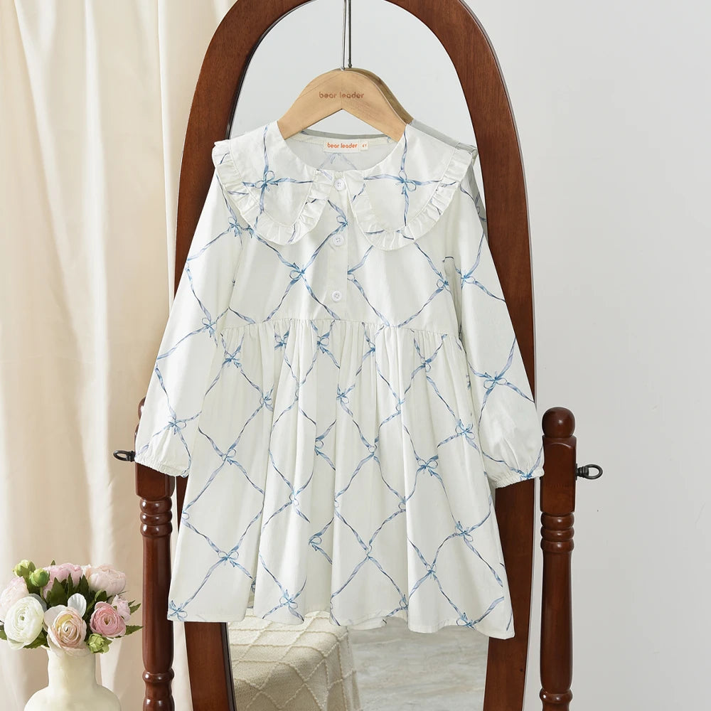 Autumn Spring New Girls' Dress Fashion Cute Doll Neck Flower Print Dress Children's Girls Long Sleeve Princess Dress