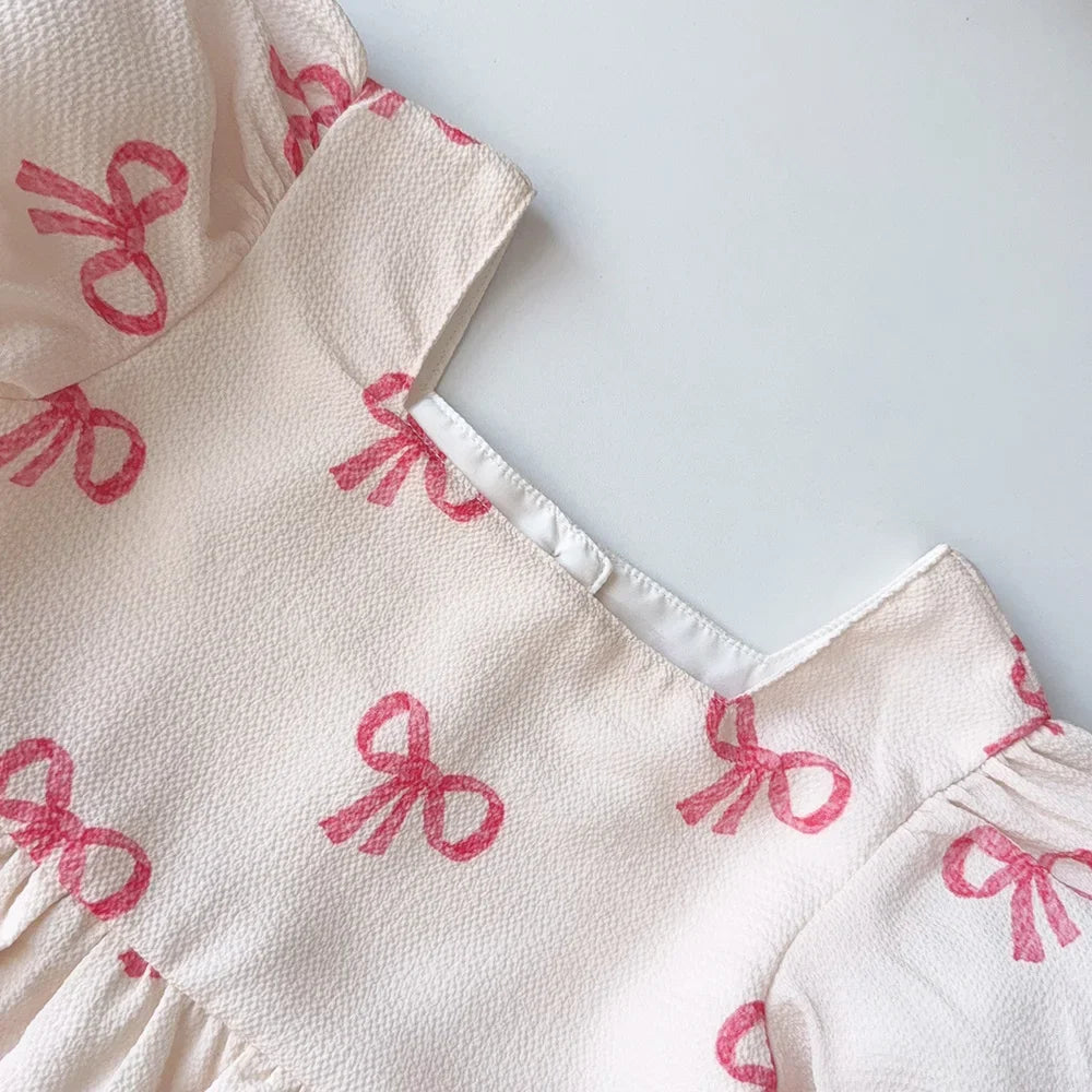 Short Sleeved Girls Clothing Summer New Bow Print Casual Dresses Sweet and Cute Kids Clothes for 3-7 Years Wear
