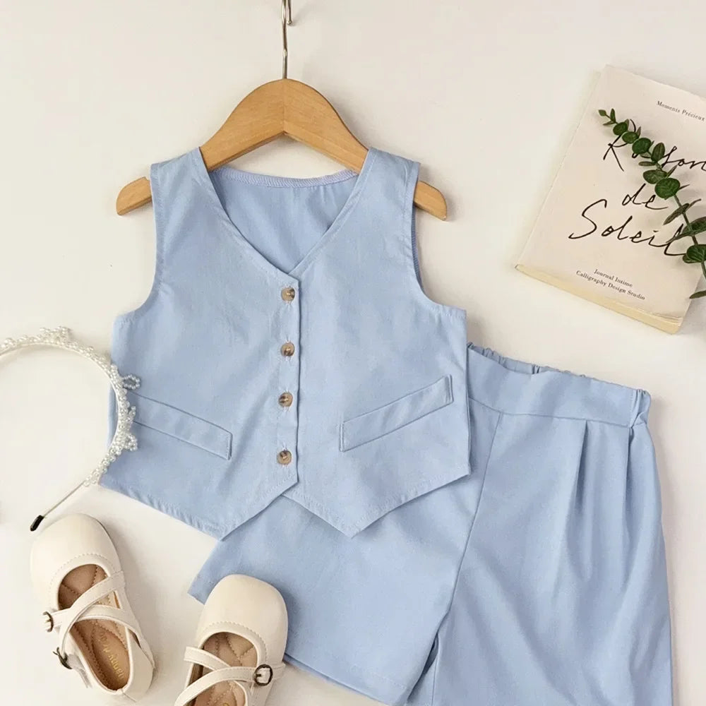 Basic Girls Clothes Korean Version Single Breasted Sleeveless Top+Shorts 2Pcs Sets Gentleman Wedding Boy Suit