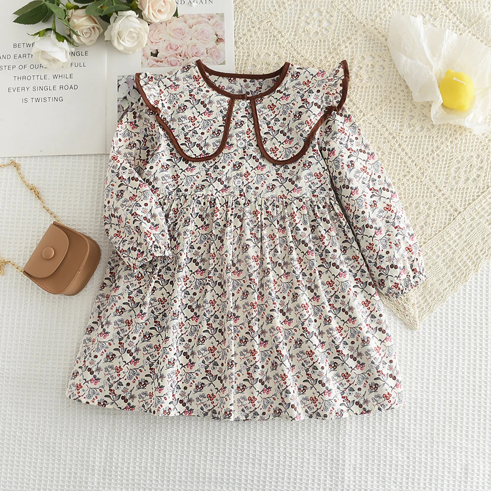 Autumn Spring New Girls' Dress Fashion Cute Doll Neck Flower Print Dress Children's Girls Long Sleeve Princess Dress