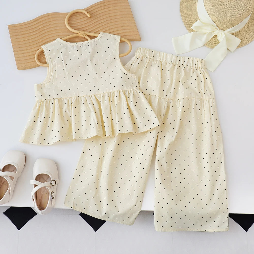 Baby Girl's Casual Clothing Round Neck Sleeveless Polka Dot Top+Wide Leg Pants Set with Bow and Botton 2PCS Set