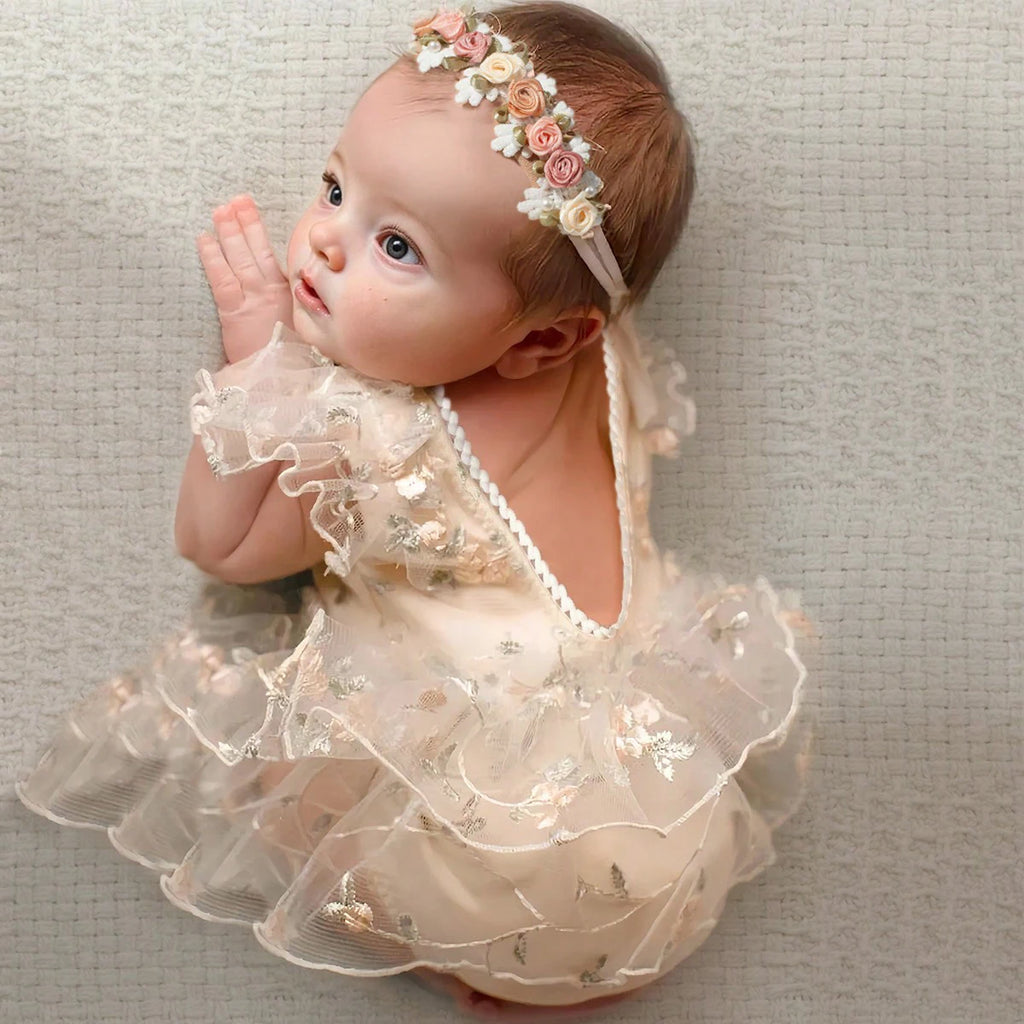 Newborn Daisy Embroidered Romper Baby's Short Sleeve Embroidered Mesh Clothes Full Moon Hundred Days Photo Shooting