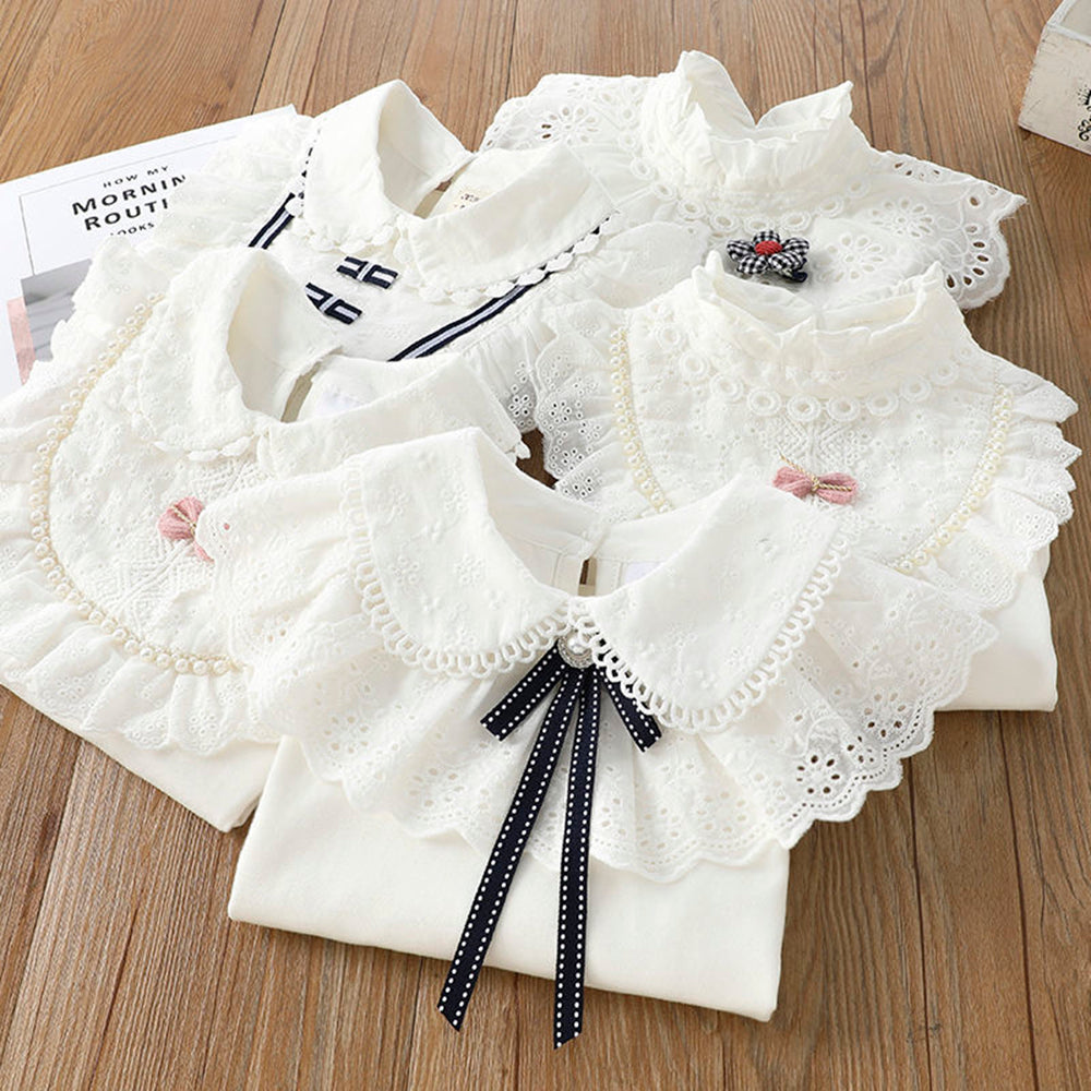 Girls' White Long Sleeve Lace Pearl Bow Sweet Shirt Children's Cotton Casual Shirt