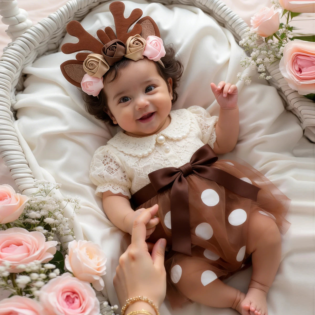 Newborn Girl Christmas Deer Outfit for Photo Shooting  Infant Photography TUTU Skirt with Flower Headband Picture Props