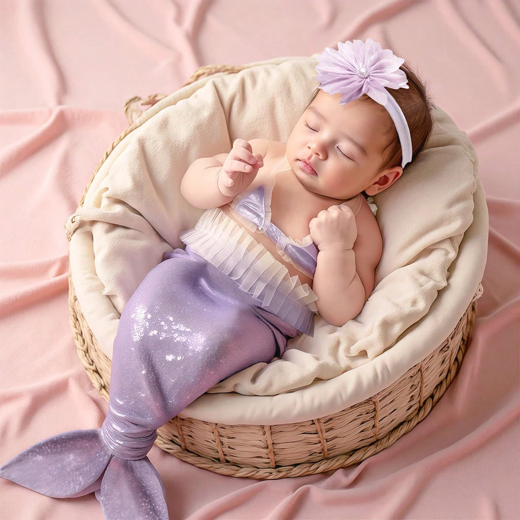 Newborn Photography Props Costume Lavender Mermaid Tail Outfit with Headband Baby 1 Month 100 Days Photo Shooting Props