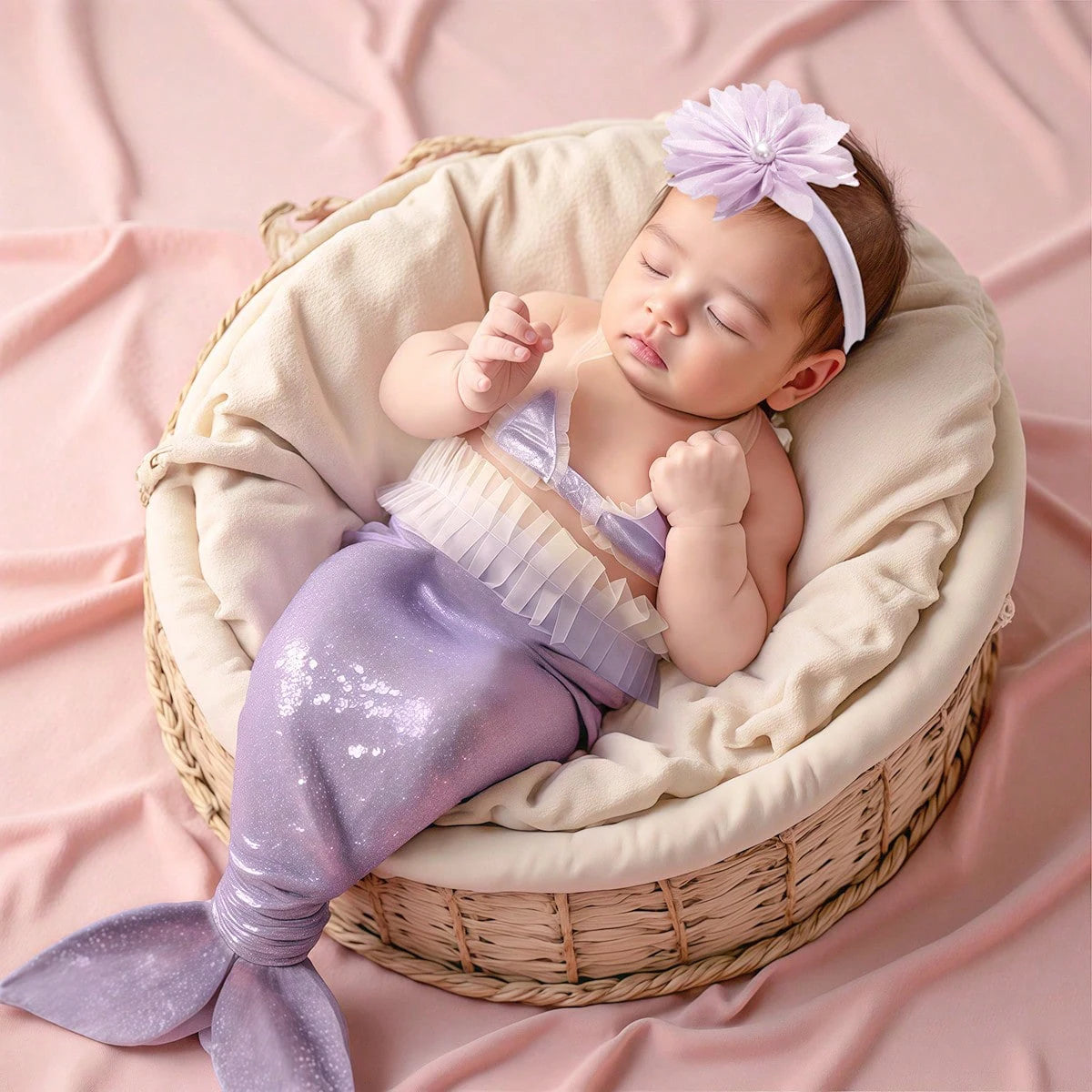 Newborn Photography Props Costume Lavender Mermaid Tail Outfit with Headband Baby 1 Month 100 Days Photo Shooting Props