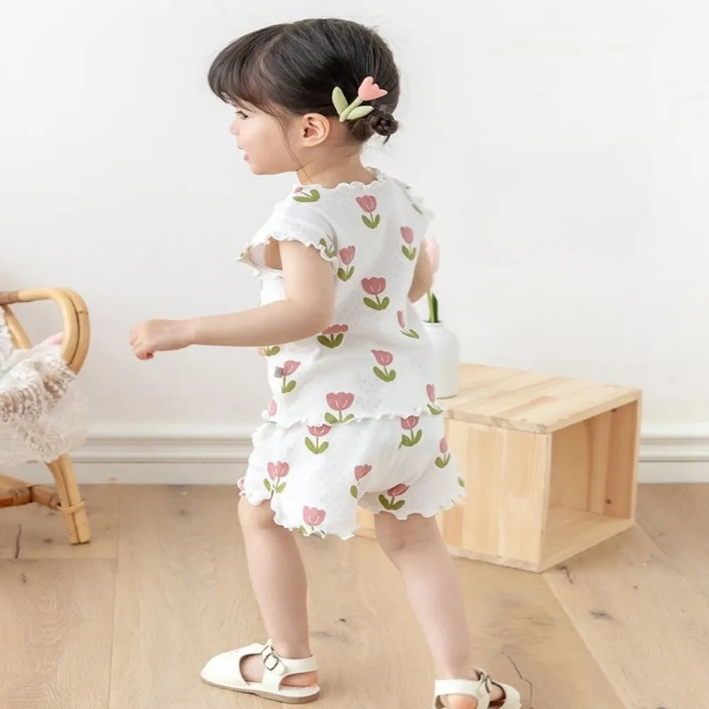 Summer New Pajama Baby Girl Clothes 3-7 Years Old Flower Printed Short Sleeved Top + Shorts Cute Children's Set