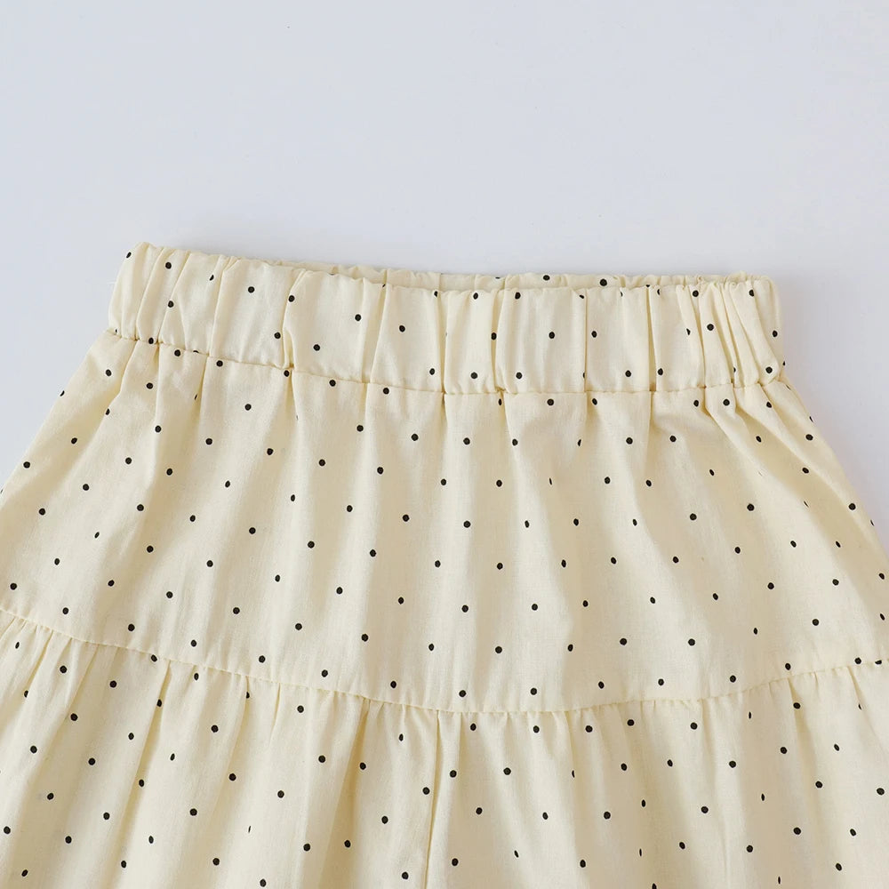 Baby Girl's Casual Clothing Round Neck Sleeveless Polka Dot Top+Wide Leg Pants Set with Bow and Botton 2PCS Set
