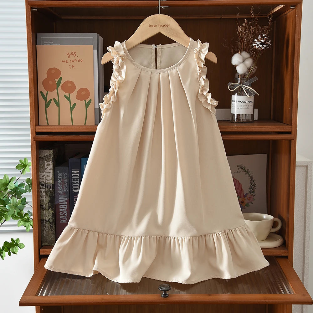 Korean Version Sleeveless Pleated Dress Solid Color Round Neck Children's Clothes Summer Kids Dresses for Girls Wear