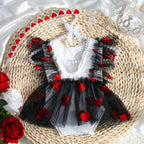 Girl Photography Outfits Red Heart Embroidery Romper Dress with Headband Infant Photography Props