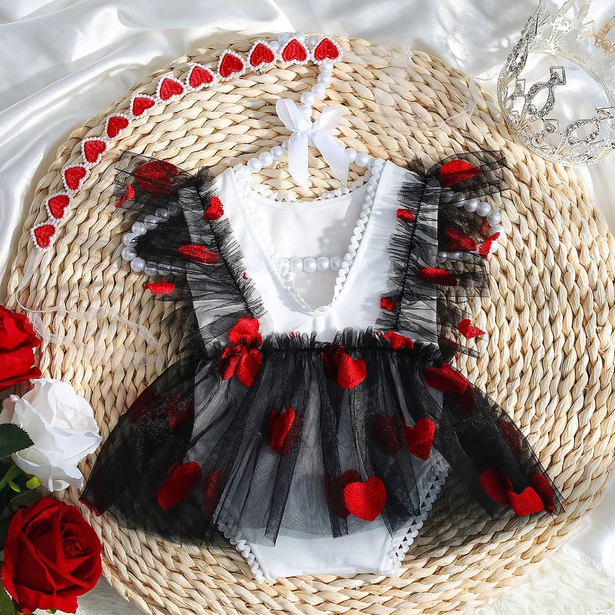 Girl Photography Outfits Red Heart Embroidery Romper Dress with Headband Infant Photography Props