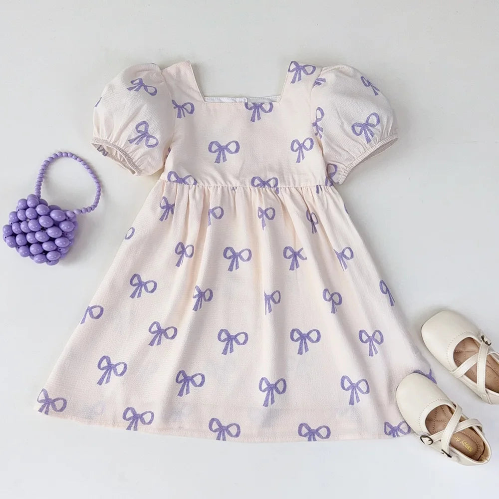 Short Sleeved Girls Clothing Summer New Bow Print Casual Dresses Sweet and Cute Kids Clothes for 3-7 Years Wear