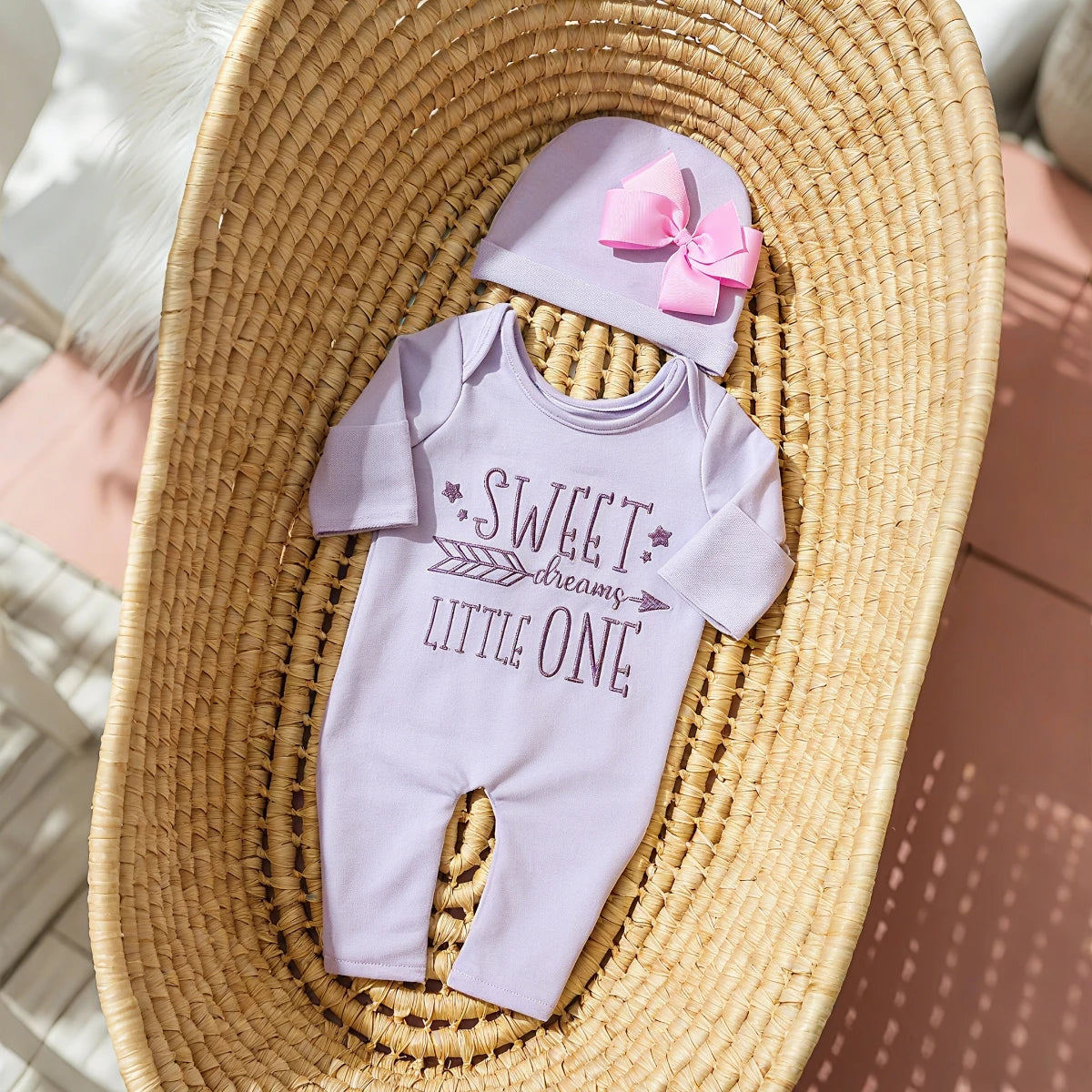 Newborn Photography Romper Jumpsuit with Bow Hat 'Hello World' Embroidery Infant Props for Coming Home Outfit Baby Gift