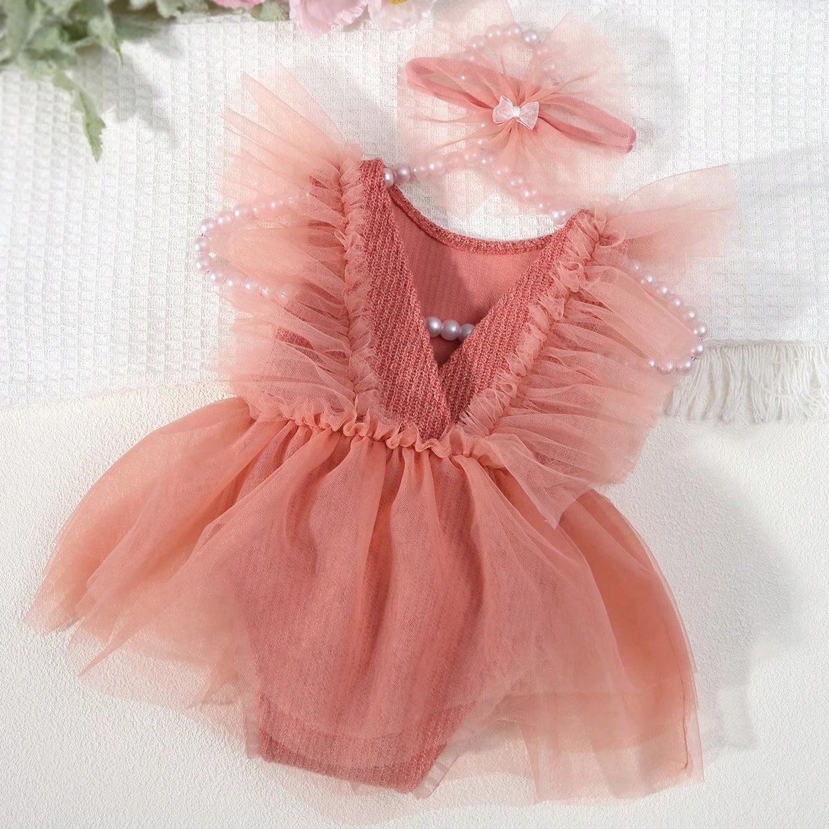 Newborn Outfit for Pictures Knitted Infant Photography Romper with Matching Headbands Mesh Dress Portrait Props