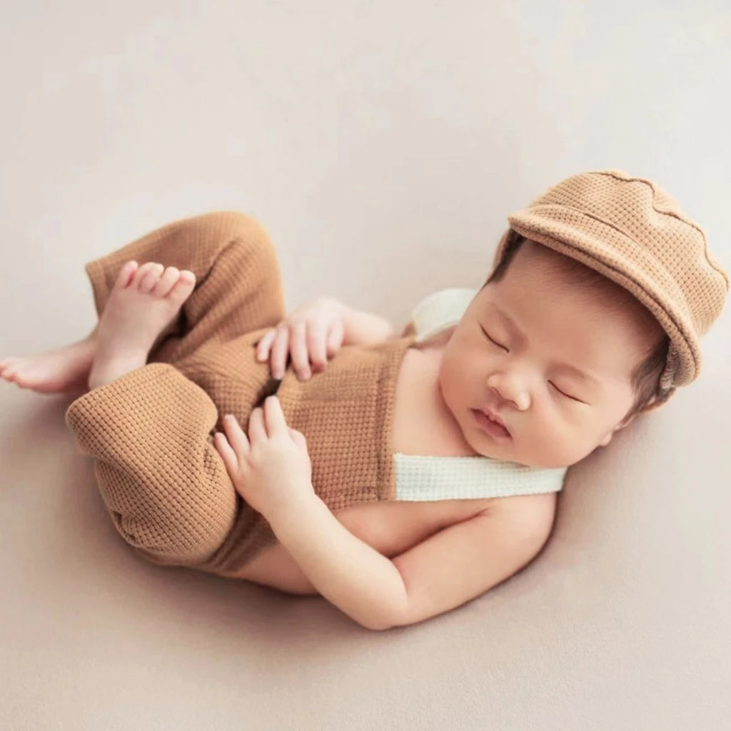Newborn Boy Photography Outfits with Casquette Cap Color Contrast Shooting Romper Overalls  Suspender Trousers