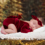 Newborn Christmas Outfit for Photo Shooting Baby Girl Back Bow Burgundy Velvet Romper With Rabbit Ear Headband