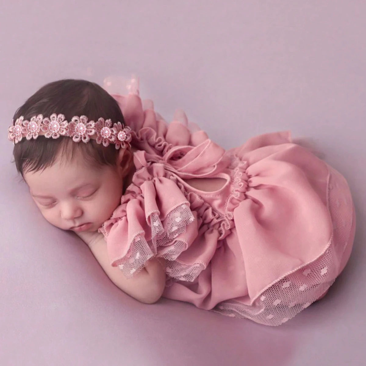 2 Pieces Set Dusty Pink Chiffon Newborn Romper with Bow Hairband Dot Lace Baby Photography Outfits
