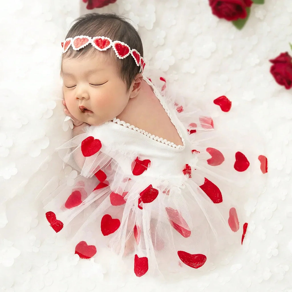 Girl Photography Outfits Red Heart Embroidery Romper Dress with Headband Infant Photography Props