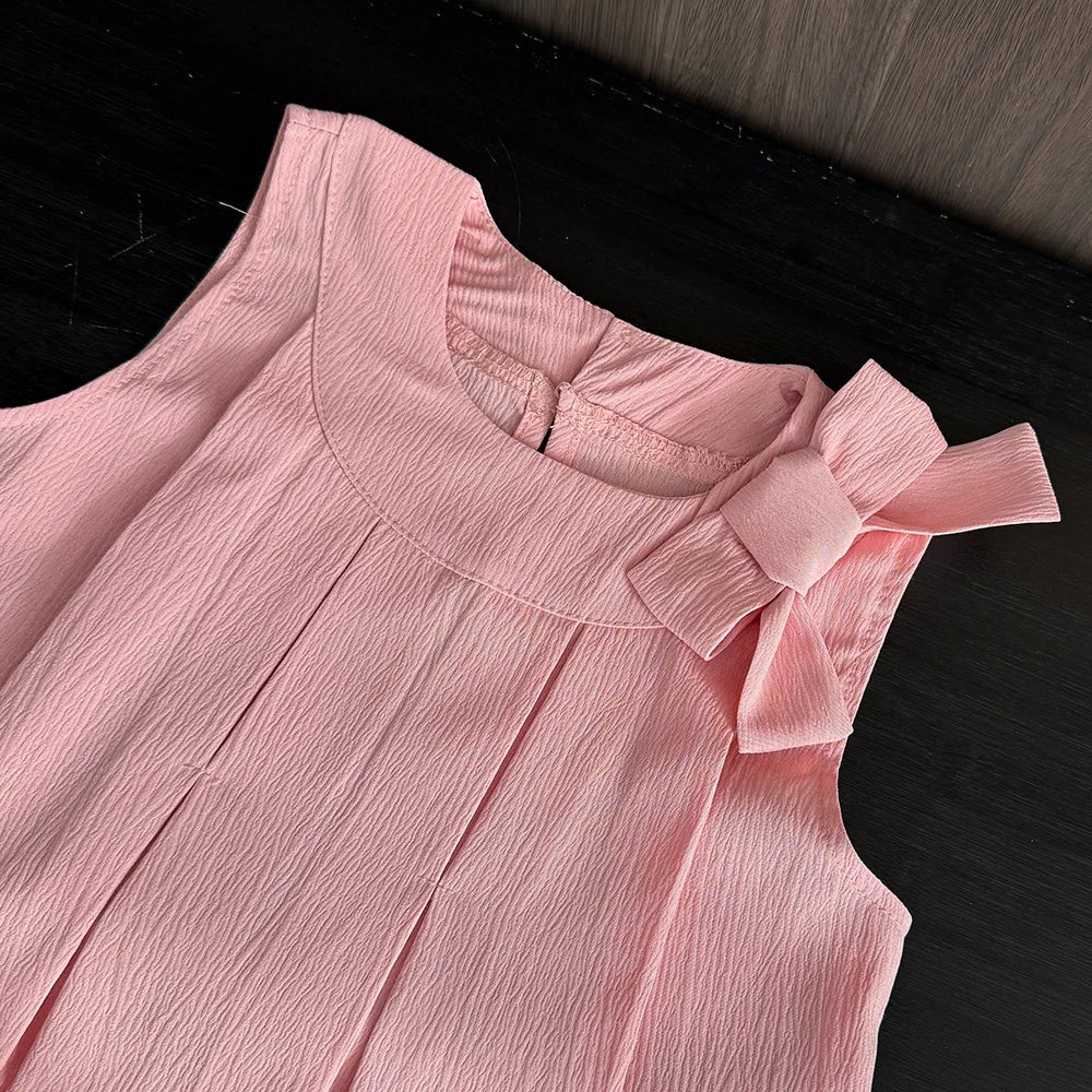 Sweet Pink Girls Clothes Summer Sleeveless Bow Decoration Pleated Vest+Shorts 2Pcst Olid Color Casual Children's Set
