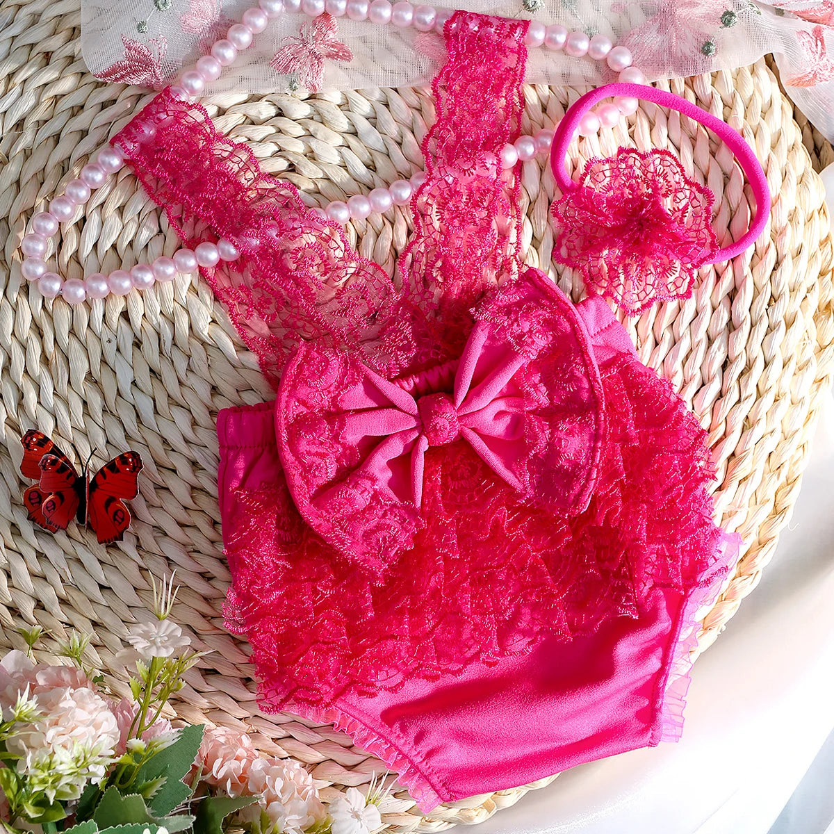 Newborn Photography Outfits Big Bowknot Baby Lace Romper with Hairband Blue Suspender Trousers Photo Shooting Overalls