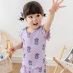 Summer New Pajama Baby Girl Clothes 3-7 Years Old Flower Printed Short Sleeved Top + Shorts Cute Children's Set