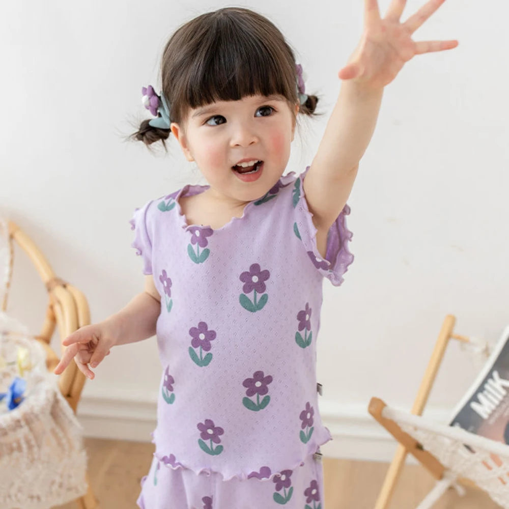 Summer New Pajama Baby Girl Clothes 3-7 Years Old Flower Printed Short Sleeved Top + Shorts Cute Children's Set