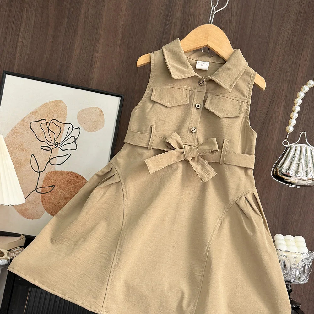 Fashion Girls Windbreak Dresses Summer Sleeveless Work Outfits with Waistband Solid Color Kids Clothes