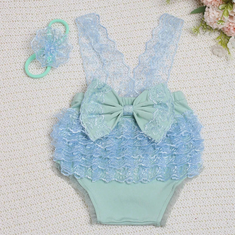 Newborn Photography Outfits Big Bowknot Baby Lace Romper with Hairband Blue Suspender Trousers Photo Shooting Overalls