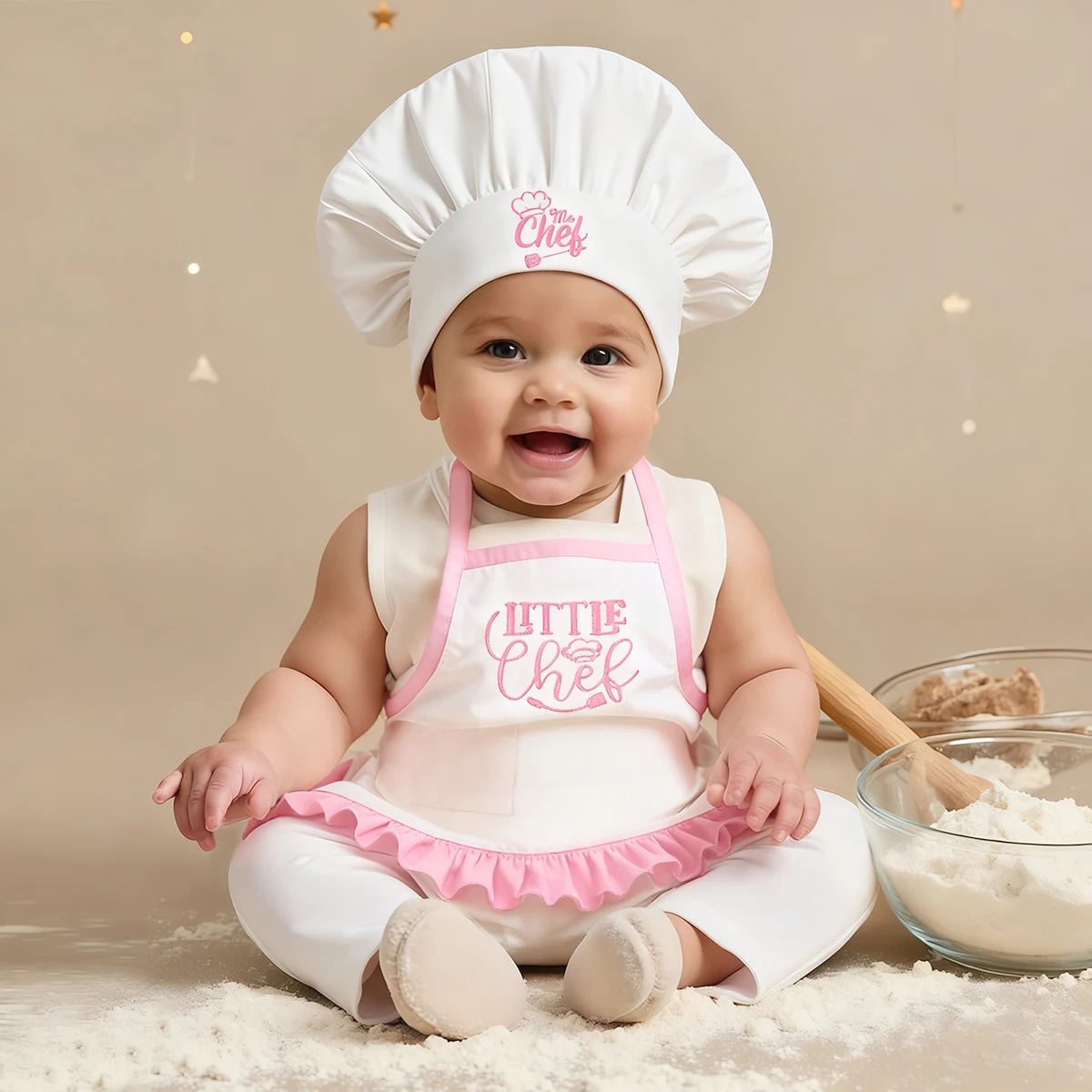 2Pcs Newborn Embroidered Photography Clothes Girls Boys Aprons Chef Hats Suitable For Taking Pictures Little Chefs-HD