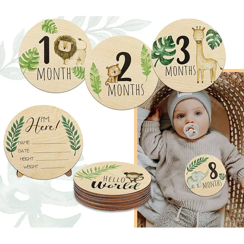 7pcs Newborn Photography Props Baby Milestone Card Animal Print Wooden Monthly Recording Commemorative Cards Baby Shower Gifts