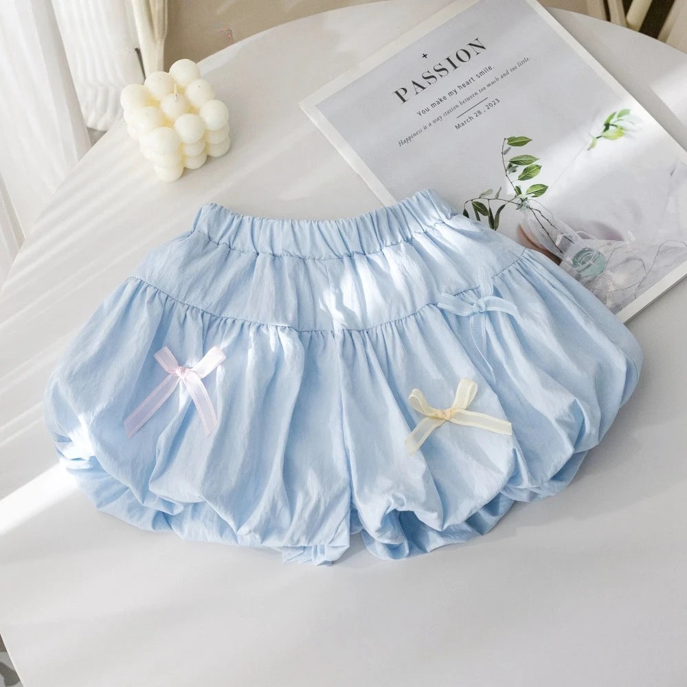 Summer Solid Color Girls Clothes Bow Decorative Shorts Korean Version Casual Folded Children's Clothing 3-7 Years