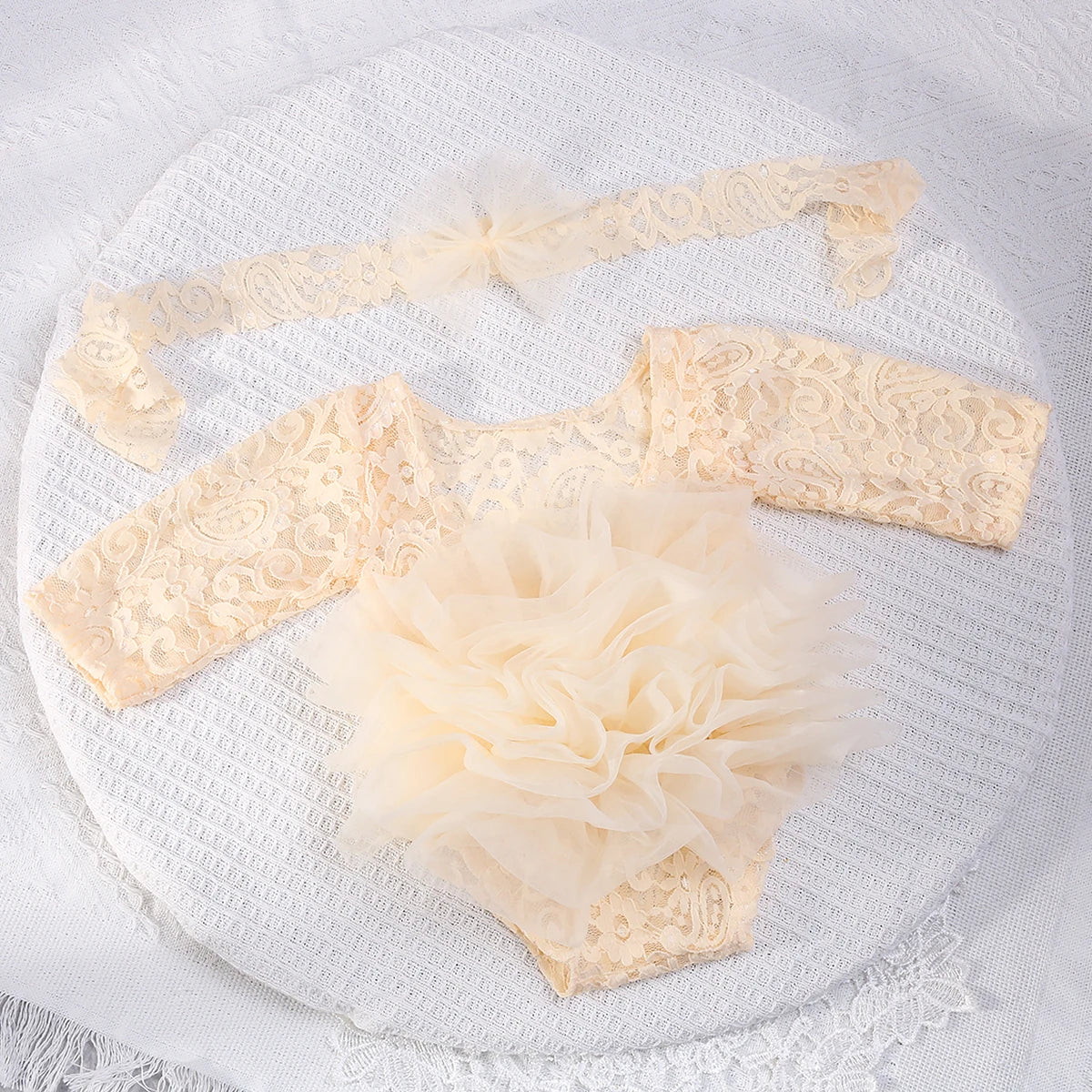 2 Pieces Set Dusty Pink Newborn Lace Romper for Photo Shooting Fluffy Mesh Lace Photography Outfits with Headband