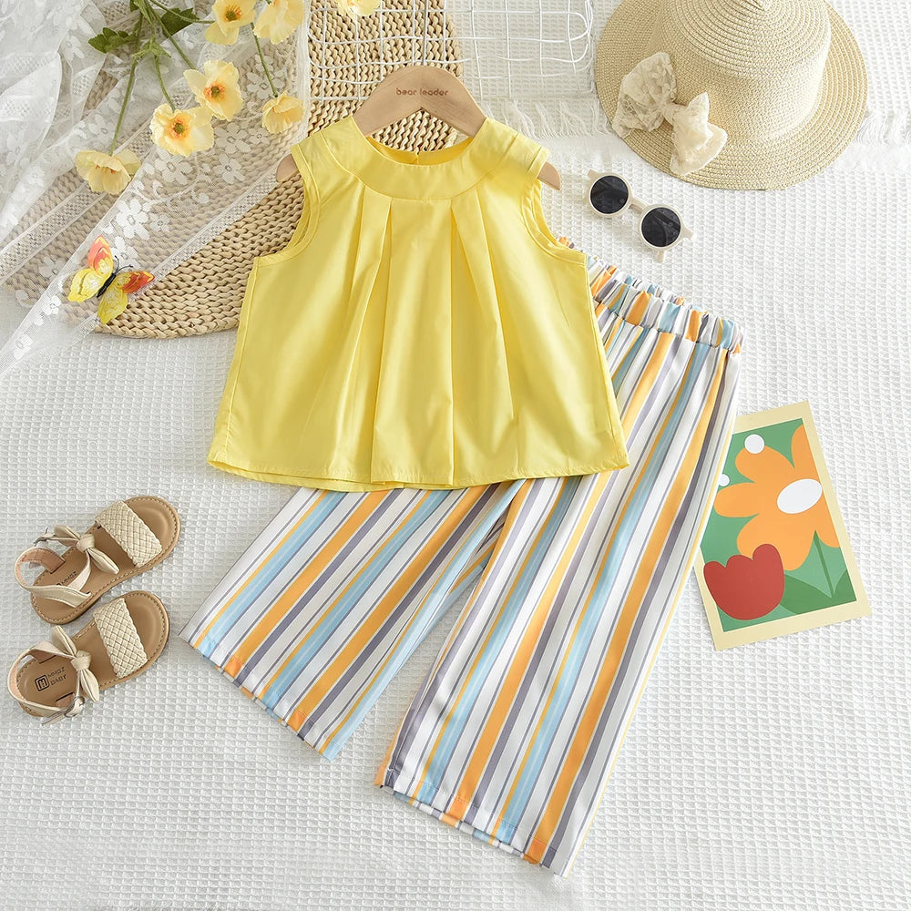 Vest+Striped Wide Leg Pants Summer Two-piece Set Daily Simple Sleeveless Children's Clothing for 3-7 Years Old