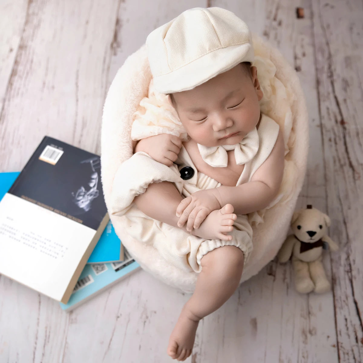 Newborn Boy Photography Outfit Baby Little Gentlman Suit Infant Shooting Suspender Overall with Casquette and Bow Tie