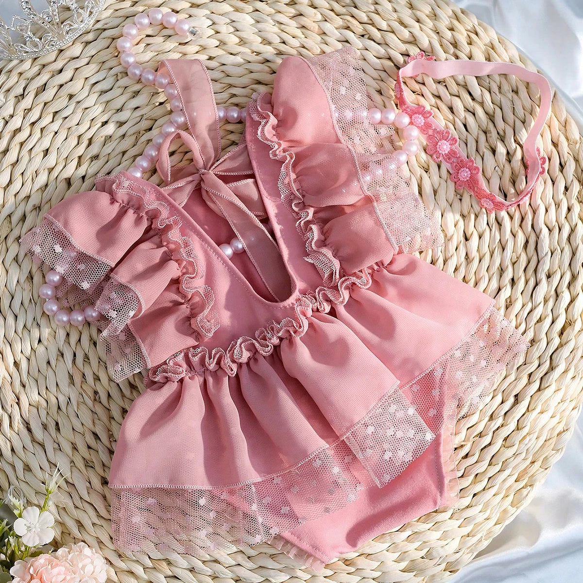 2 Pieces Set Dusty Pink Chiffon Newborn Romper with Bow Hairband Dot Lace Baby Photography Outfits