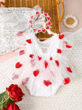 Girl Photography Outfits Red Heart Embroidery Romper Dress with Headband Infant Photography Props