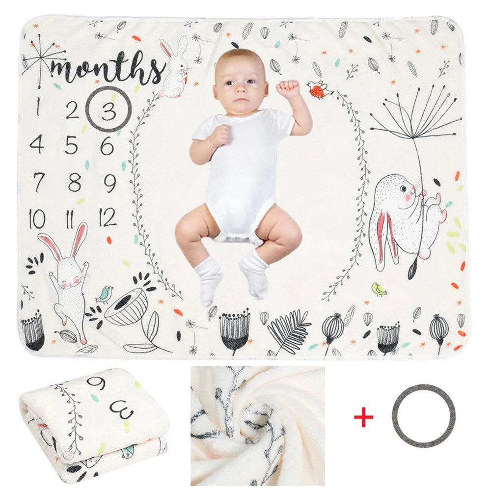 Baby Monthly Milestone Blanket Fleece Photography Background Prop for Boy Girl Lion Animal Rabbit Print Shooting Blanket