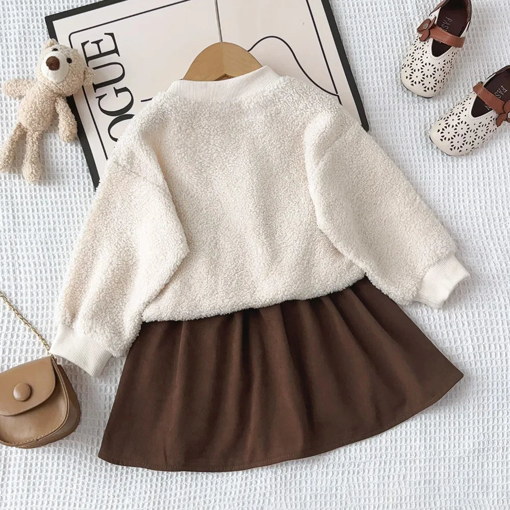 3-7 Year Old Autumn and Winter Plain Kids Clothes Girls Long Sleeved Plush A-line Top+Short Skirt Two-piece Set