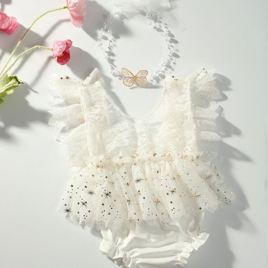 Newborn Photography Outfit Baby Girl Butterfly Glitter Star Lace Romper with Pearl Headband Infant Photo Props