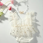 Newborn Photography Outfit Baby Girl Butterfly Glitter Star Lace Romper with Pearl Headband Infant Photo Props
