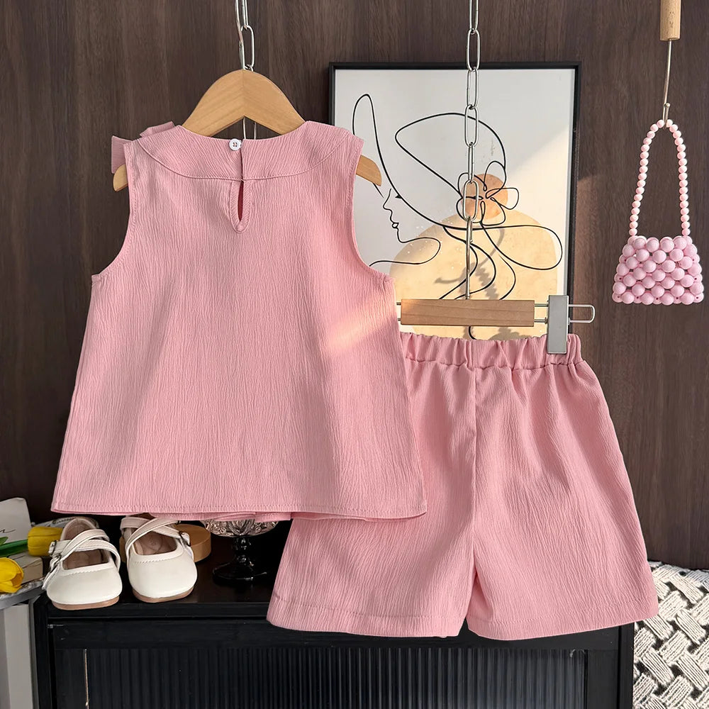 Sweet Pink Girls Clothes Summer Sleeveless Bow Decoration Pleated Vest+Shorts 2Pcst Olid Color Casual Children's Set