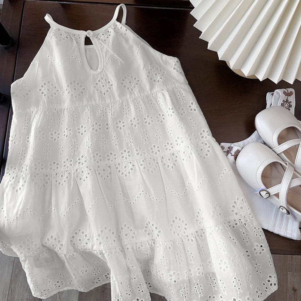 Cut-out Design Girl's Dress 2025 Summer Little Girl Fashion Sling White Holiday Medium Length Vest Dress Girls Dress